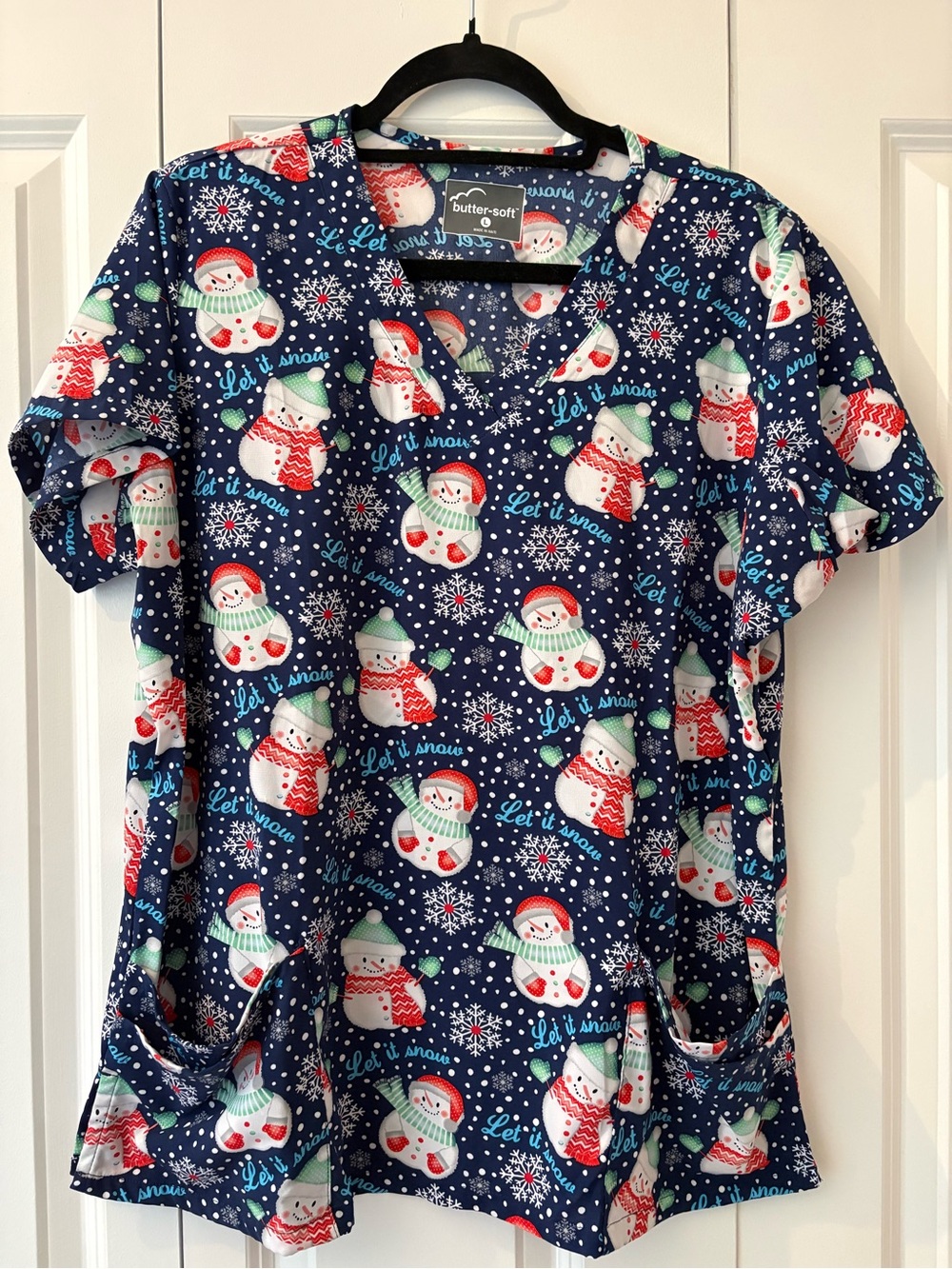 Butter-Soft Navy Snowman Scrub Top